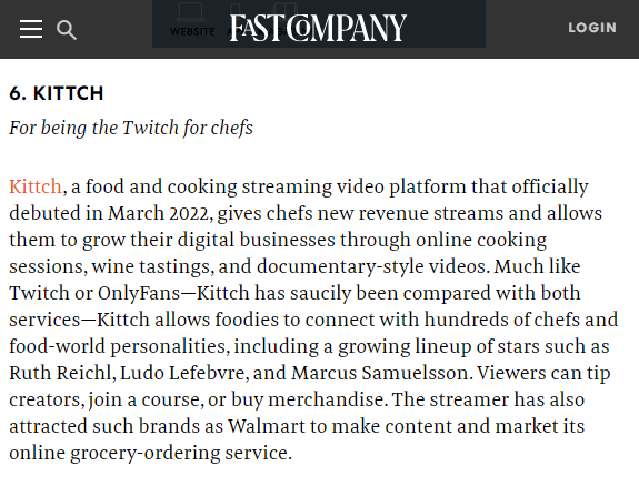 Kittch award from Fast company