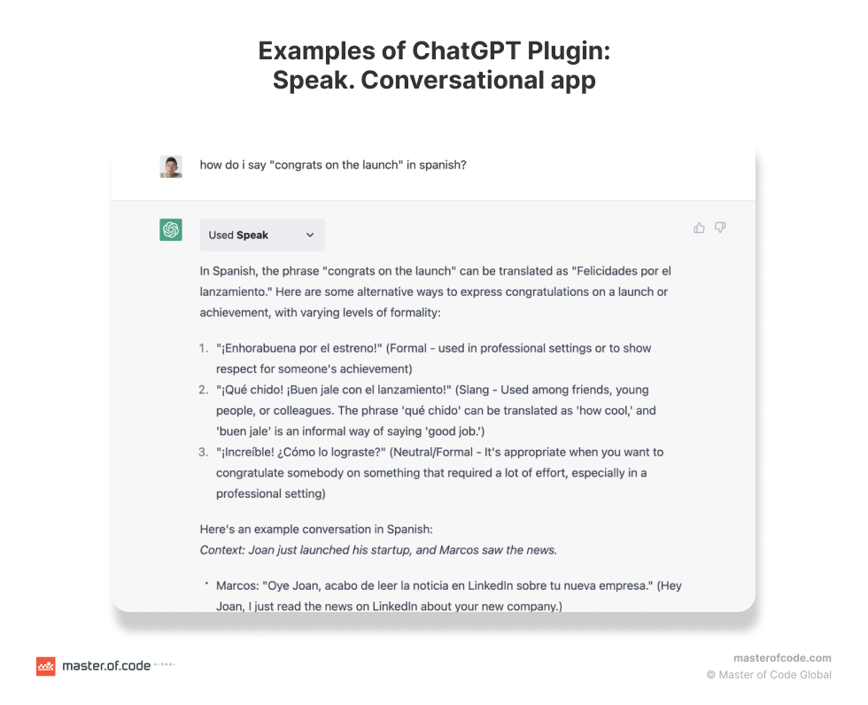 Examples of ChatGPT Plugin Speak. Conversational app