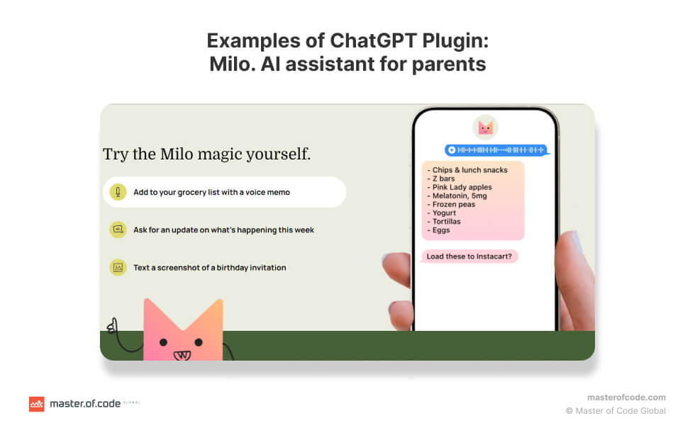 Examples of ChatGPT Plugin Milo. AI assistant for parents